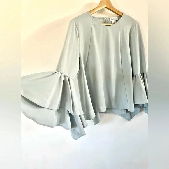 Carmen Marc Valvo Blue Long Flowy Bell Sleeve Haven Blouse Size Medium - Picture 3 of 10
